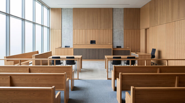 Salle d'audience contemporaine vide avec mobilier en bois clair