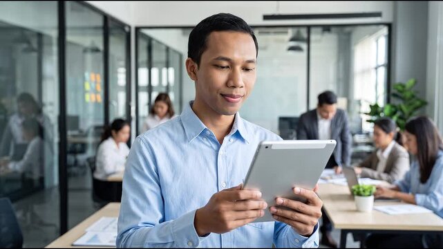 Busy young Indonesian business man executive standing in office using digital tablet. Young professional businessman corporate manager wearing suit and glasses holding tab working on finance project