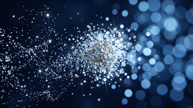 Explosion de particules brillantes argent&eacute;es sur fond bleu