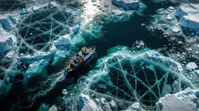 Icebreaker ship navigates frozen teal ocean waters broken by hexagonal ice patterns. Cold polar landscape features icebergs and frozen sea surface.