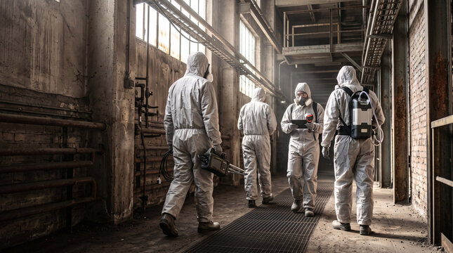 &Eacute;quipe en combinaison de protection inspectant un site industriel contamin&eacute;