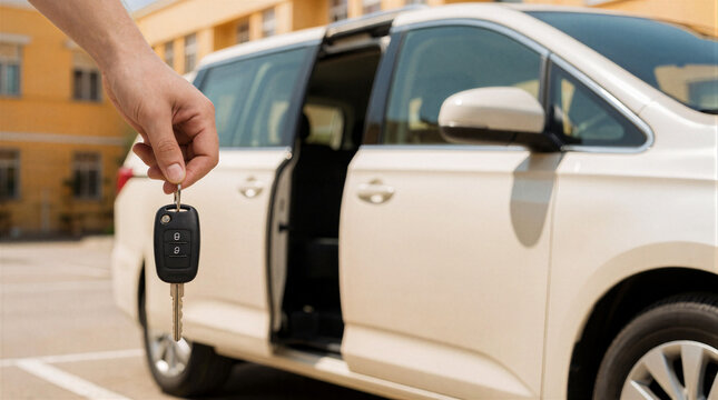 Car key fob gripped tightly in hand with a generic minivan parked outdoors