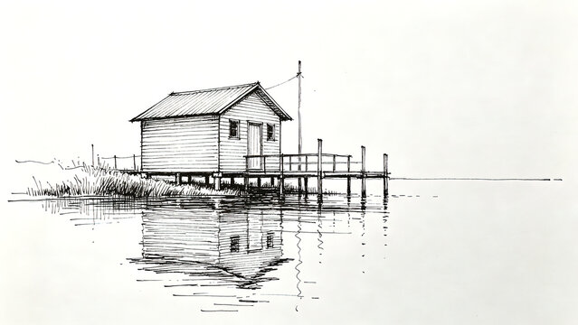 Wooden stilt house on water ink sketch landscape