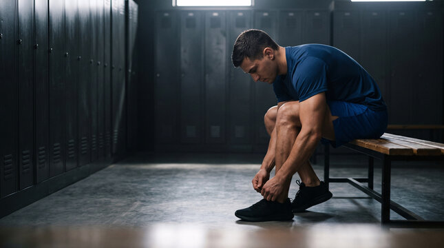 Sportif assis dans un vestiaire en train de lacer ses chaussures