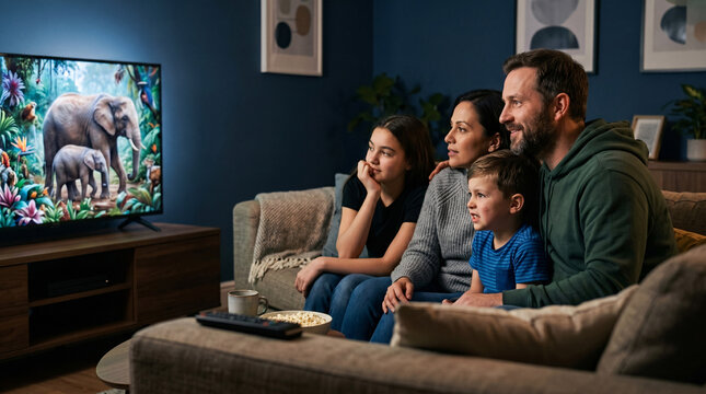 Famille regardant un documentaire animalier &agrave; la t&eacute;l&eacute;vision