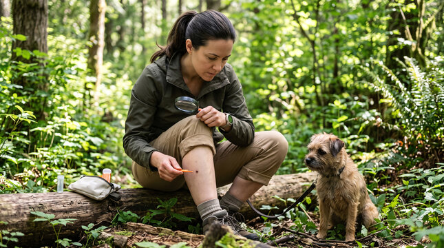 Randonneuse retirant une tique sur sa jambe avec son chien en for&ecirc;t