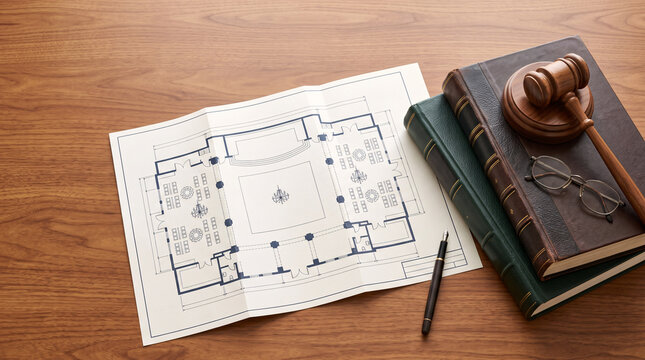Plan architectural avec marteau de juge et livres de droit