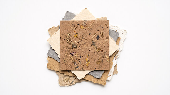 &Eacute;chantillons de papier recycl&eacute; artisanal empil&eacute;s sur fond blanc