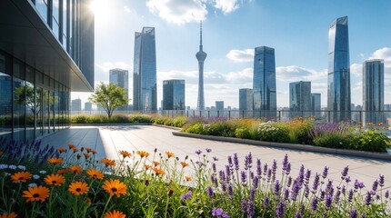 Fototapeta premium Modern rooftop terrace with colorful flowers, green plants. Urban skyline features tall glass skyscrapers, communication tower under bright blue sky. Sunny day view from city garden balcony