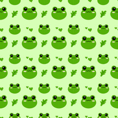 Fototapeta premium Frog seamless pattern cute green background with leaves and hearts cartoon vector illustration spring natural tropical wallpaper fun happy smile lovely face design for baby kid child 