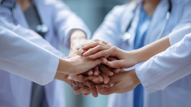 doctors and nurses stacking hands in a medical team, symbolizing teamwork, collaboration, unity, support, healthcare, and professional cooperation