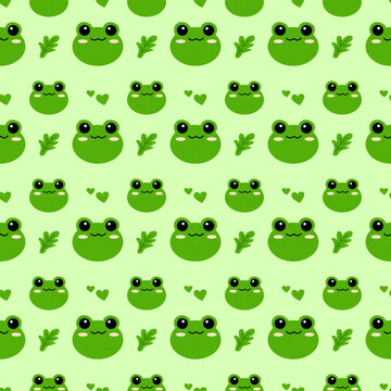 Frog seamless pattern cute green background with leaves and hearts cartoon vector illustration spring natural tropical wallpaper fun happy smile lovely face design for baby kid child 