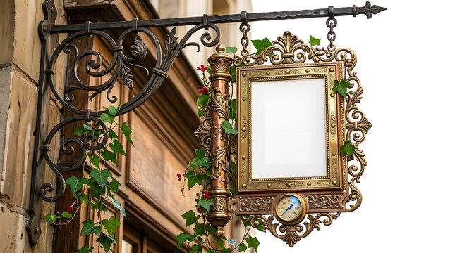 Ornate vintage blank signboard with thermometer hanging on wrought iron bracket and ivy.