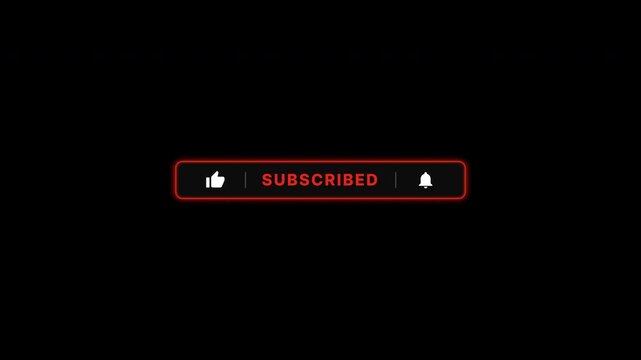 Red subscribe button lower third animation, social media notification bar, dark UI overlay with like and notify icons