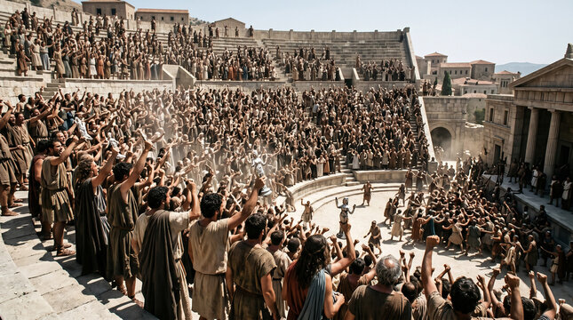 The silversmiths of Ephesus rioting furiously in the great theater because Paul's preaching is ruining their idol business