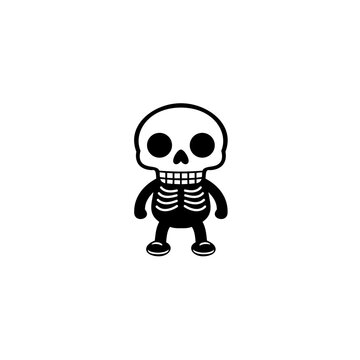 Cute skeleton cartoon character black and white vector illustration. Minimalist Halloween mascot for sticker and icon design