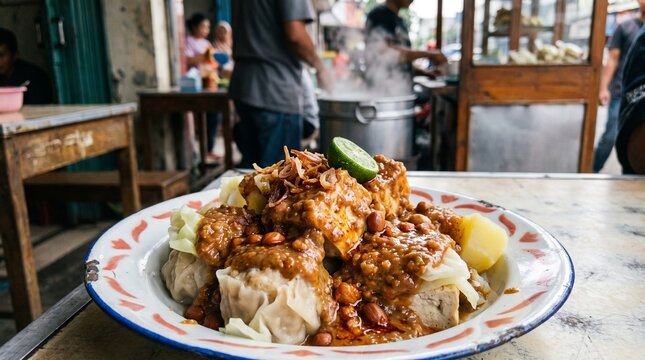Indonesian street food siomay with peanut sauce