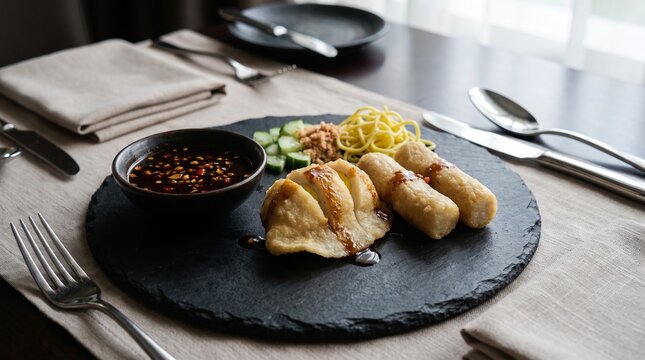 Pempek Palembang traditional fish cake served on stone plate