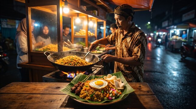 Indonesian street food vendor cooking nasi goreng at night