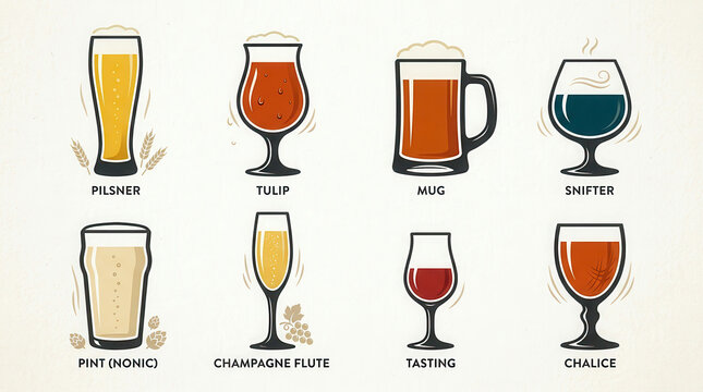 Set of various beer and alcohol glassware types with labels on a light background