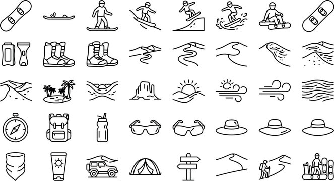  Desert sandboarding and extreme sports icon set with outdoor adventure travel elements vectorDesert sandboarding and extreme sports icon set with outdoor adventure travel elements vector