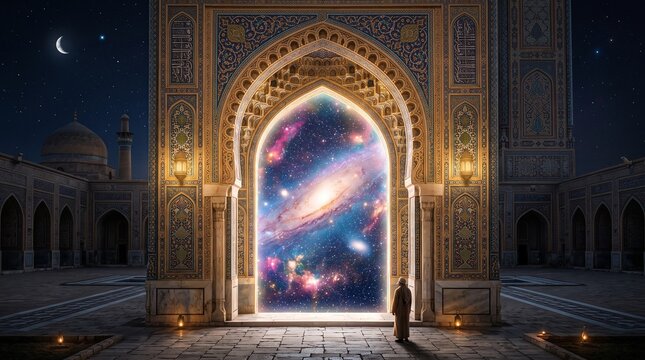 Cosmic Gateway to the Universe Through Ancient Archway at Night