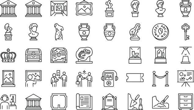 Museum exhibition icon set with historical art sculpture gallery symbols outline vectorMuseum exhibition icon set with historical art sculpture gallery symbols outline vector