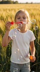 Fototapeta premium Young girl blows soap bubbles in a golden wheat field during sunset. Child plays outdoors with fun, creating shimmering spheres in warm sunlight.
