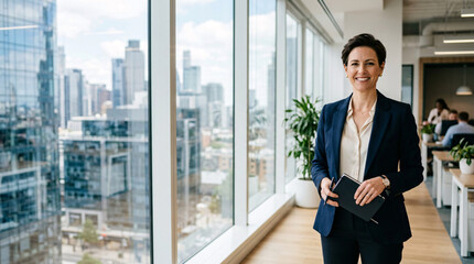 Fototapeta premium Confident businesswoman standing in modern office with city skyline view, holding notebook, professional leadership, corporate success, urban environment