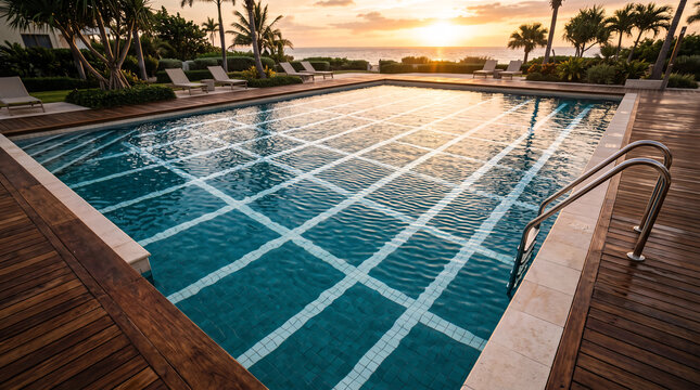 Piscine de luxe en bord de mer au coucher du soleil