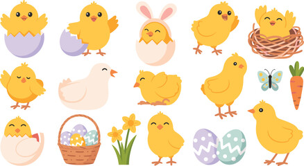 Fototapeta premium Happy Kawaii Little Chicks Mascot Collection with Bird Nest, Bunny Ears Headband, and Easter Flowers for Kids Sticker Designs