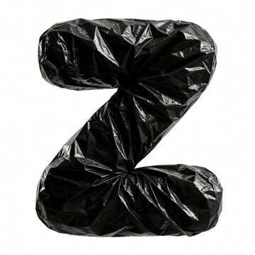 Letter Z formed entirely from black plastic bag, displayed on pristine white background. Editorial illustration emphasizes issue of plastic waste management, environmental impact of disposable