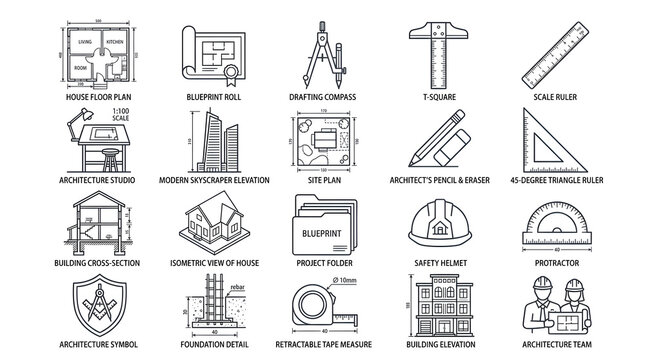 Architectural Icons Collection: A compilation of line-art icons depicting various aspects of architecture, from floor plans and blueprints to drafting tools and building elevations.