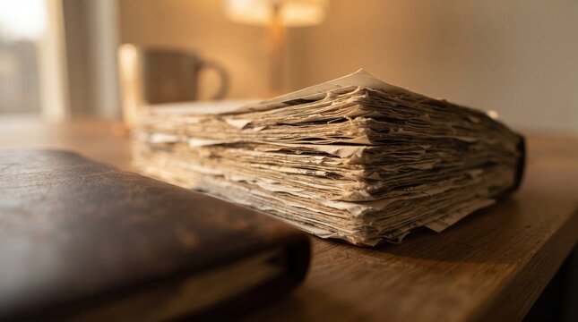 In the gentle glow of morning light, an old journal lays open, its fragile pages filled with stories and memories. Nearby, a steaming mug waits for a reader to return.