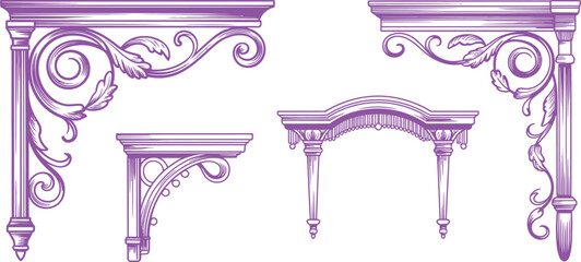 Vintage Corbel Collection, Antique Architectural Brackets, Decorative Scroll Supports, Classic Ornaments Set, Baroque Design Elements, Purple Vector Illustration, Classic Wall Shelves © yamin678