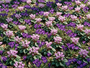 Obraz premium Purple crocus and pink cyclamen flowers bloom vibrantly in a garden meadow. Early spring blossoms cover the ground with fresh colors. Nature wakes up with seasonal flora.