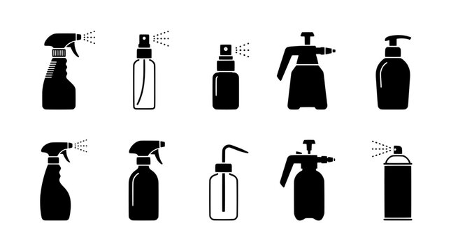 Set of spray bottle icons featuring cleaning, gardening, and cosmetic containers with misting action symbols.