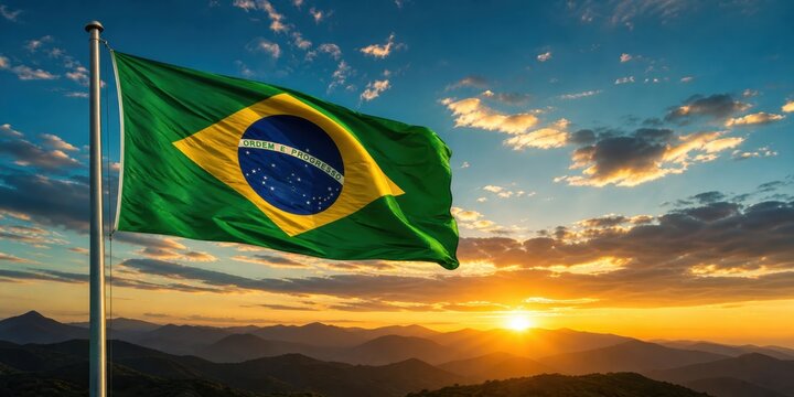 Waving brazil flag at sunset.
