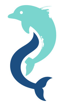 Minimalist icon featuring an interlocking serpentine curve and dolphin tail in a clean flat geometric design marine life symbol