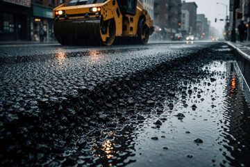 Fototapeta premium Close up of fresh black asphalt road during rain. Yellow road roller machine works on wet street surface in urban city. Construction crew maintains infrastructure with heavy equipment. New pavement