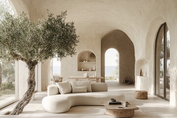 Fototapeta premium Sunlit Mediterranean Living Room with Olive Tree, Arched Windows, Neutral Beige Furniture and Organic Modern Interior Design
