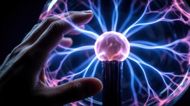 Plasma ball with electrical flows. Visible human hand reaches out to touch plasma sphere. Visible corona discharges electricity, electric blue light rays likely to seen erupting from orange tendrils.