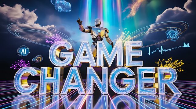 Futuristic robot presenting game changer concept with digital technology and glowing graphics