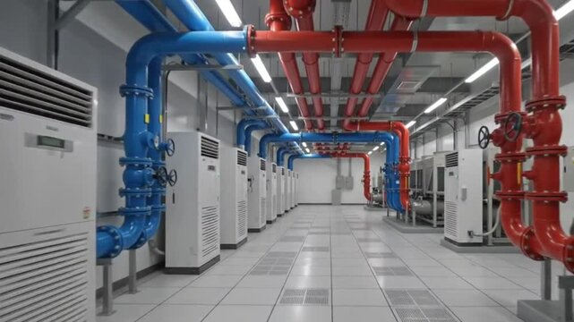 Clean Data Center Cooling Room Facility with HVAC Precision Units and Pipes Stock Video