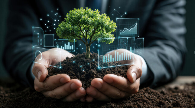 Business person holds young tree sapling in soil, surrounded by digital charts and network nodes. Represents sustainable growth, eco friendly business, and future planning.