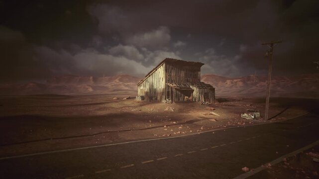 lonely roadside building under stormclouds, cracked asphalt and leaning telephone pole, warm light on weathered facade frames suggest ghost diner memory,
