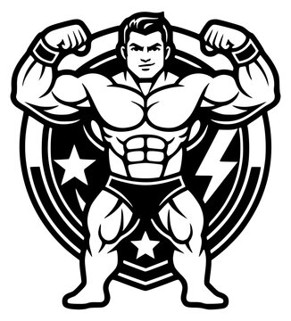 Muscular male bodybuilder flexing arms in black and white vector illustration for fitness branding