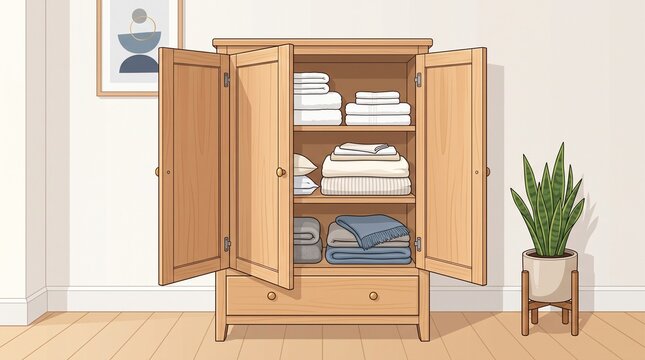 Wooden wardrobe with folded clothes and linens