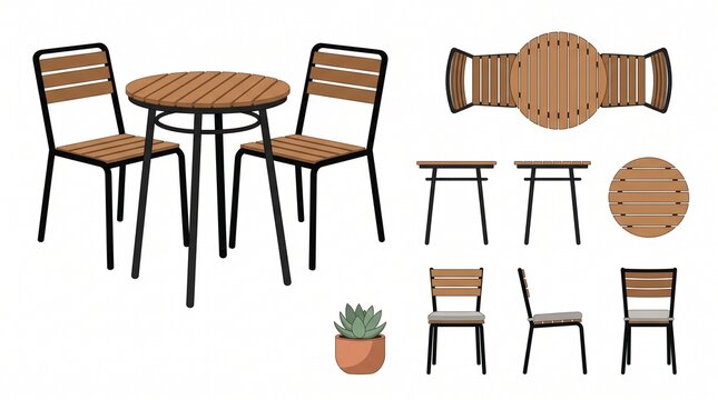 outdoor cafe furniture set with wooden chairs and round table