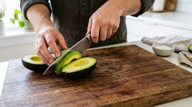 Man slicing ripe avocado in half on rustic wooden cutting board, healthy food preparation, natural light in kitchen